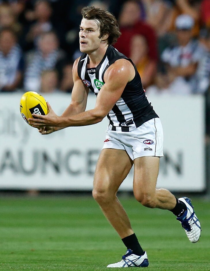 AFL 2015 NAB Challenge - Hawthorn v Collingwood Nathan Freeman of the Magpies in action during the 2015 NAB Challenge Week 1 match between the Hawthorn Hawks and the Collingwood Magpies at Aurora Stadium, Launceston on February 26, 2015. (Photo: Michael Willson/AFL Media)
